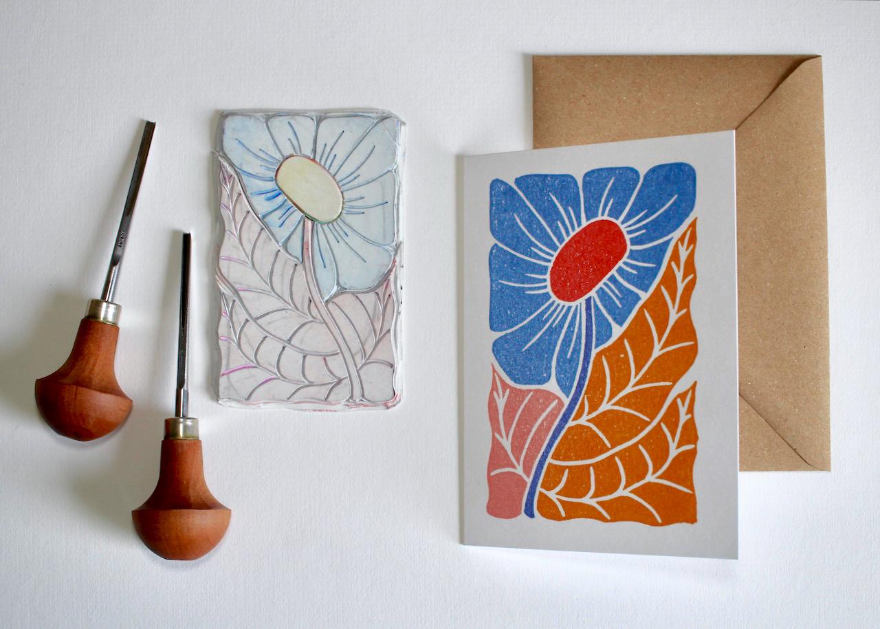 Linocut 'Joy' Floral Greeting Card - Single Card and Envelope / Lino Print Flower Greeting Card / Happy, colourful, abstract flower card