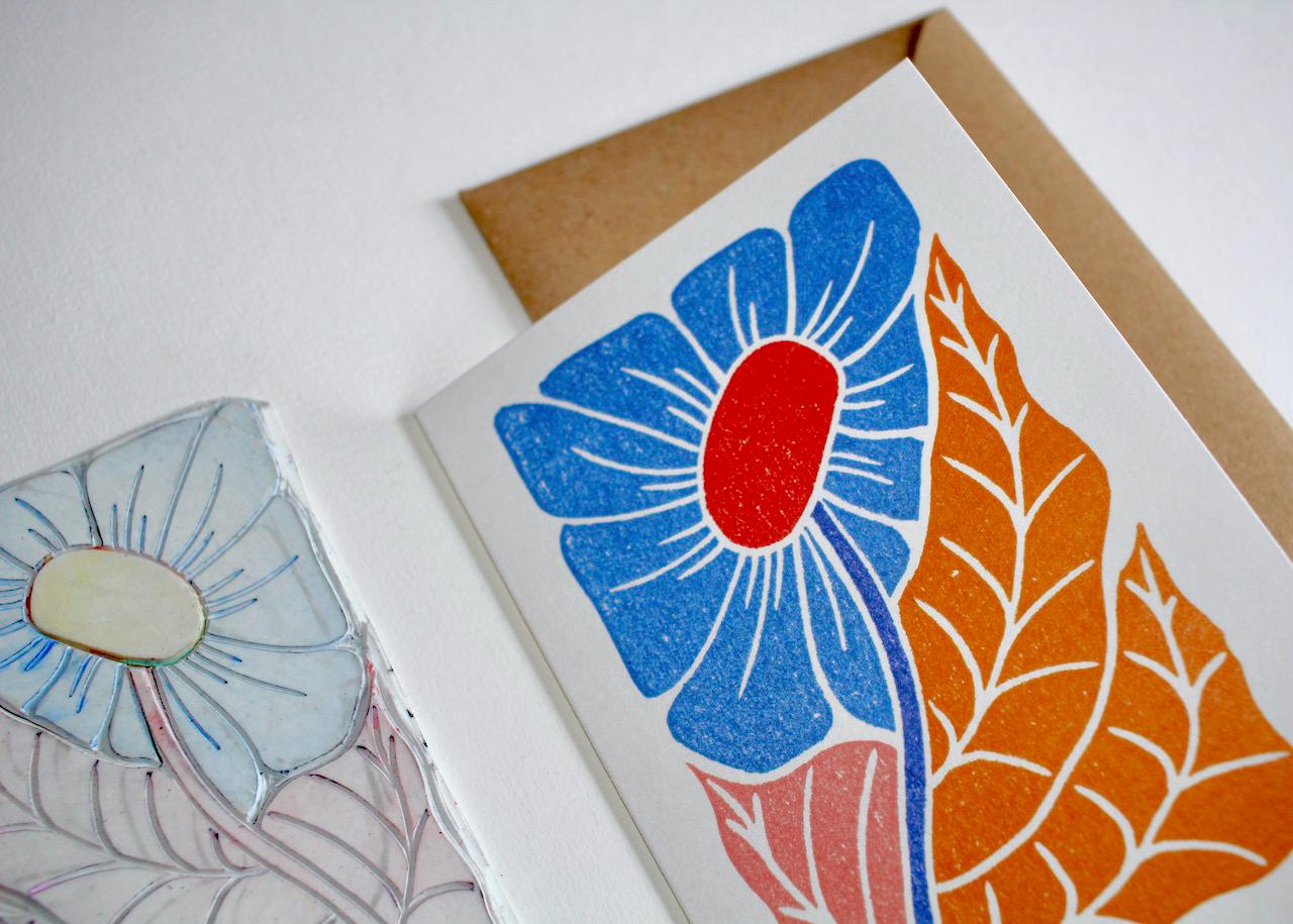 Linocut 'Joy' Floral Greeting Card - Single Card and Envelope / Lino Print Flower Greeting Card / Happy, colourful, abstract flower card