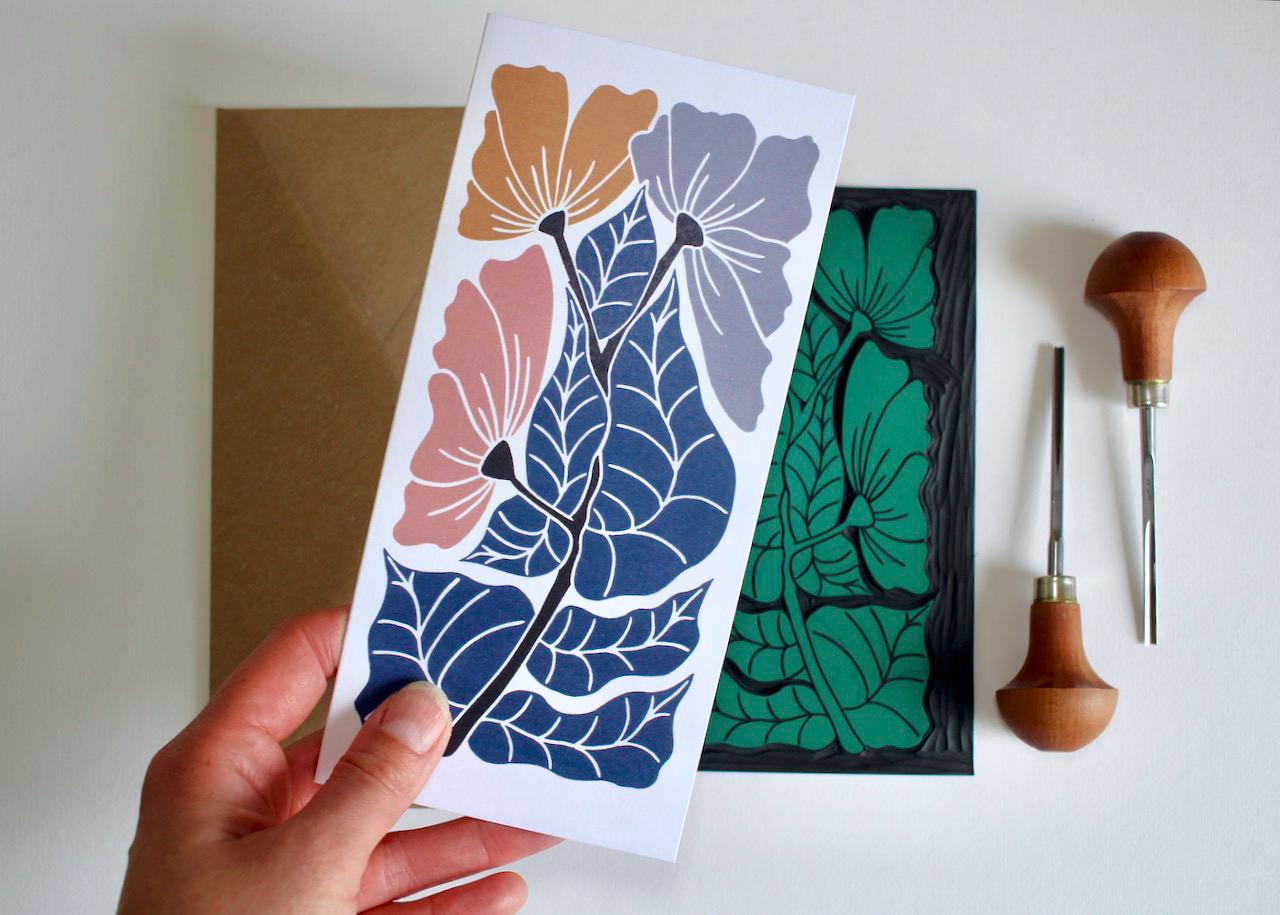 Modern linocut 'Harmonious' floral greeting card / A tall DL portrait flower card - perfect to celebrate a wedding, anniversary or birthday