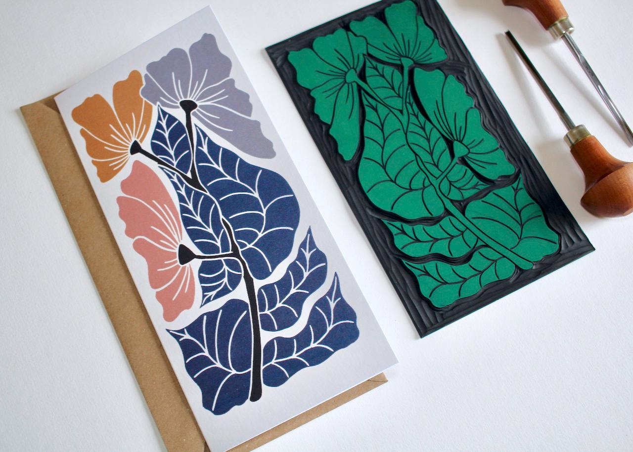 Modern linocut 'Harmonious' floral greeting card / A tall DL portrait flower card - perfect to celebrate a wedding, anniversary or birthday