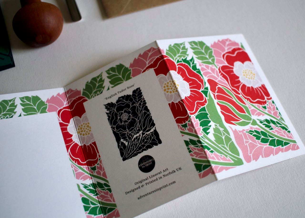 English Tudor Rose Linocut Card - Single Concertina Card with Envelope / Lino print white & red rose greeting card / England National Flower