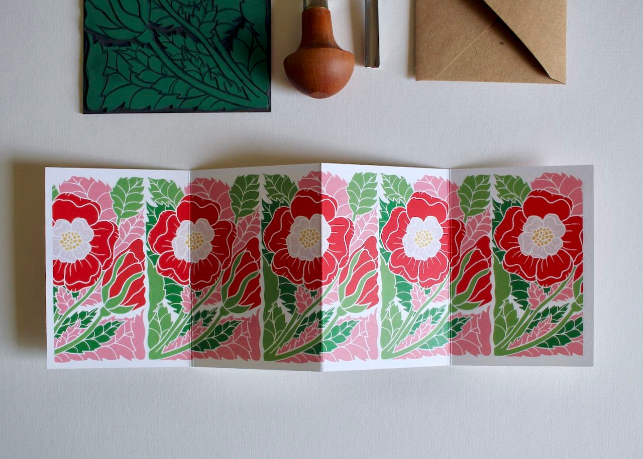 English Tudor Rose Linocut Card - Single Concertina Card with Envelope / Lino print white & red rose greeting card / England National Flower