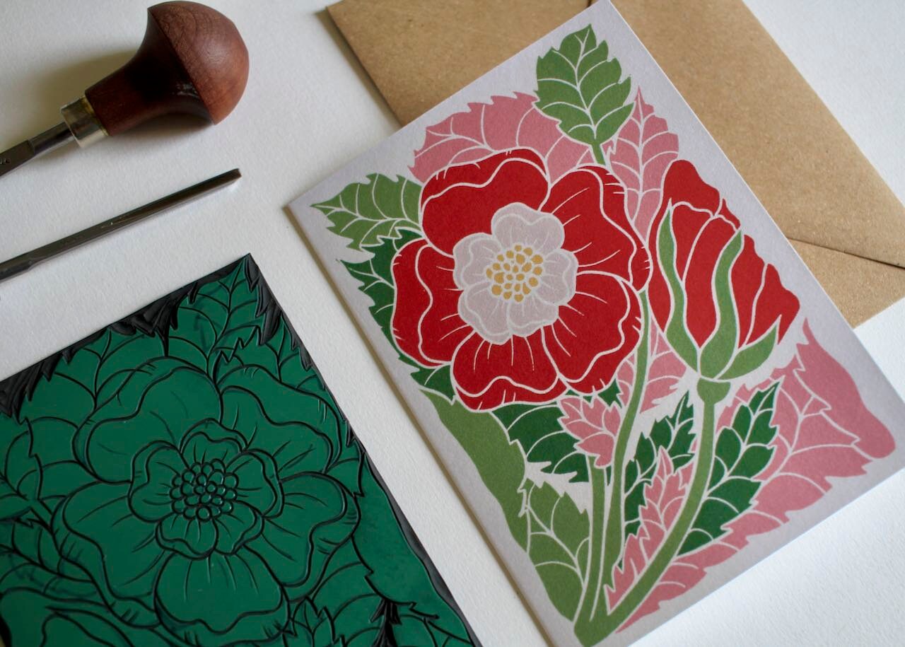 English Tudor Rose Linocut Card - Single Greeting Card with Envelope / Lino print white & red rose greeting card / England National Flower