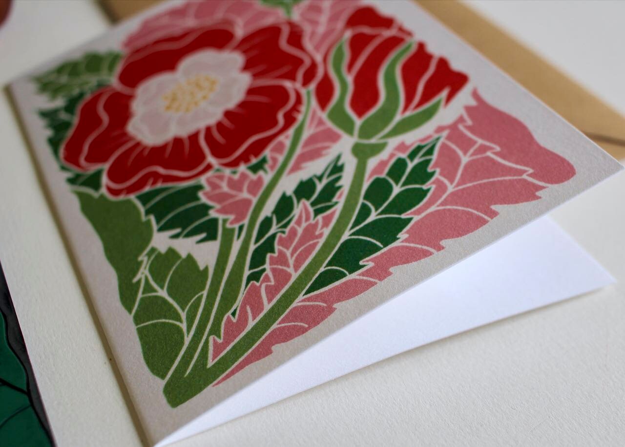 English Tudor Rose Linocut Card - Single Greeting Card with Envelope / Lino print white & red rose greeting card / England National Flower