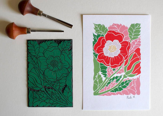 English Tudor Rose Linocut Art Print / Colourful Rose Wall Art / England National Flower / A5 or A4 Art Print on Cotton Paper