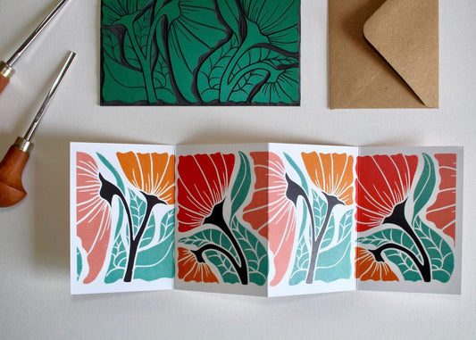 Linocut Happy Abstract Floral Greeting Folded Concertina Card - Single Card and Envelope / Lino Print Happy Colourful Flowers Landscape Card