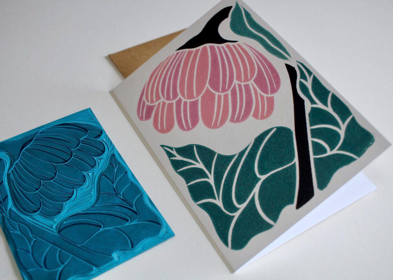 Linocut Reflection Flower Greeting Card - Single Card with Envelope / Lino Print abstract floral Card / Flower lovers card, blank inside