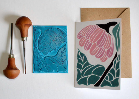 Linocut Reflection Flower Greeting Card - Single Card with Envelope / Lino Print abstract floral Card / Flower lovers card, blank inside