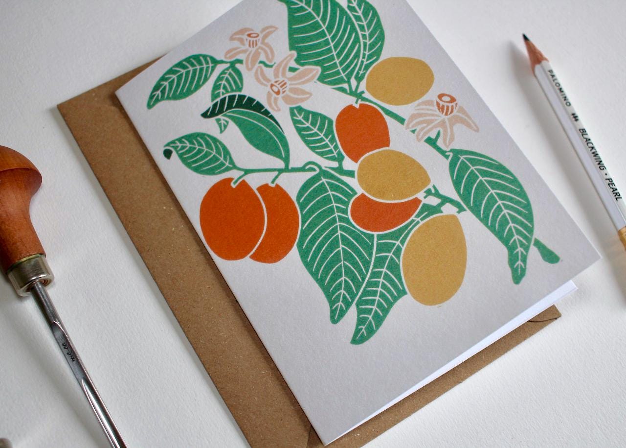 Linocut Kumquat Flower Plant Greeting Card - Single Card with Envelope / Lino print citrus japonica / Citrus fruit & leaves card, blank