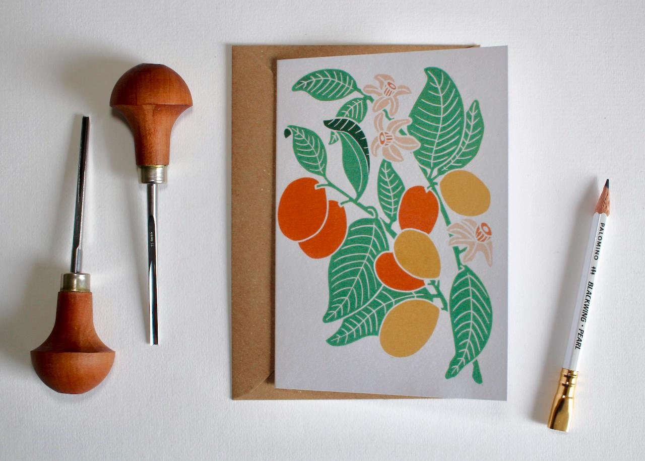 Linocut Kumquat Flower Plant Greeting Card - Single Card with Envelope / Lino print citrus japonica / Citrus fruit & leaves card, blank