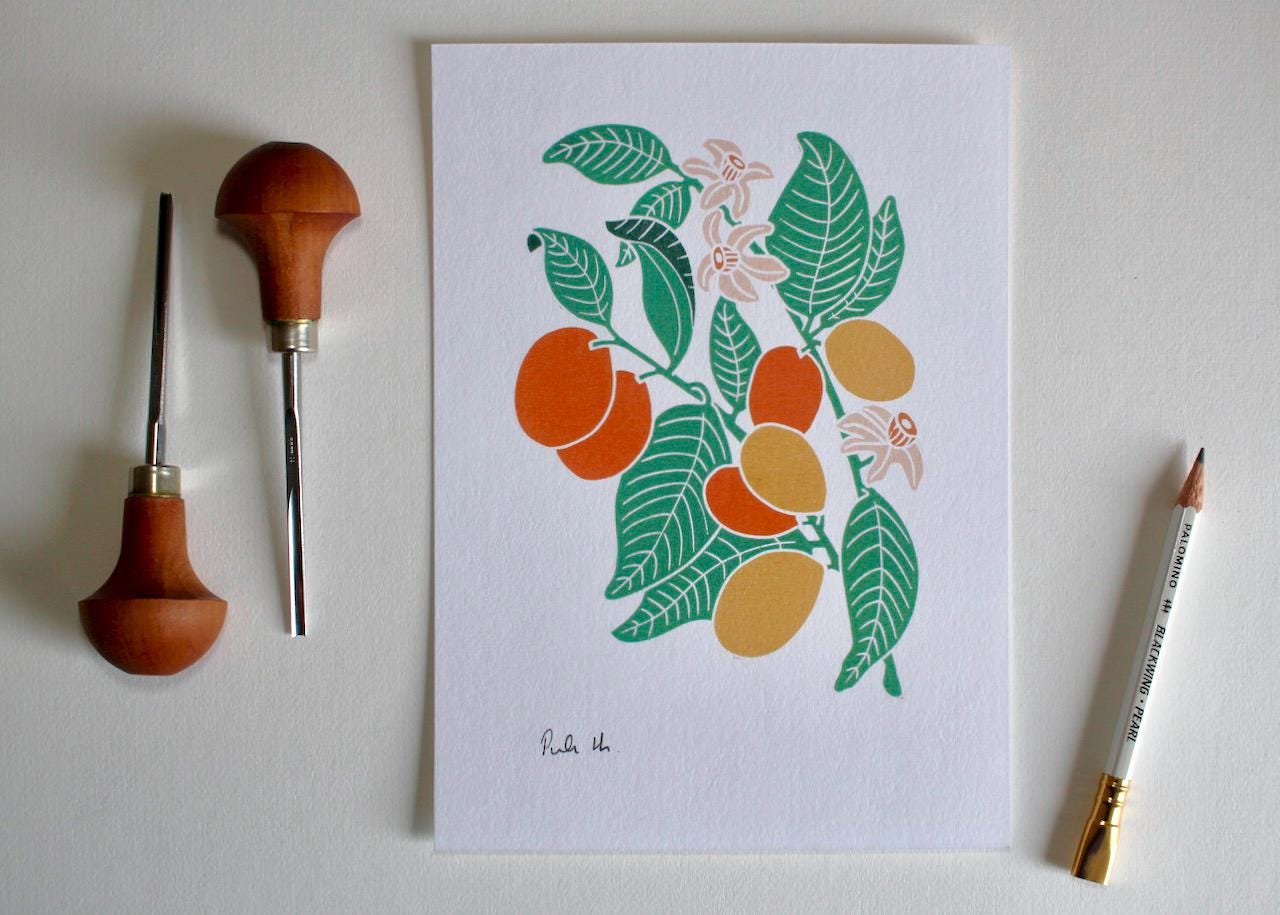 Linocut artwork of the Kumquat plant / Citrus japonica Wall Art / A5 or A4 Art Print on Cotton Paper / Citrus fruit with flowers and leaves