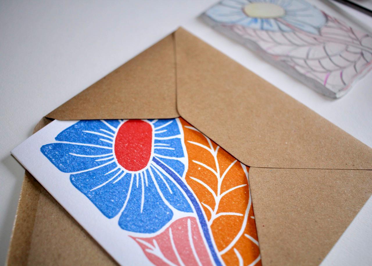 Linocut 'Joy' Floral Greeting Card - Single Card and Envelope / Lino Print Flower Greeting Card / Happy, colourful, abstract flower card