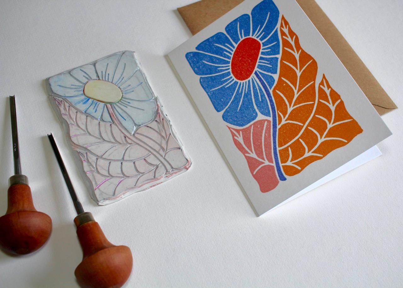 Linocut 'Joy' Floral Greeting Card - Single Card and Envelope / Lino Print Flower Greeting Card / Happy, colourful, abstract flower card