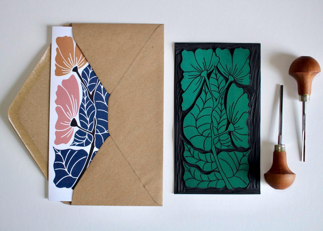 Modern linocut 'Harmonious' floral greeting card / A tall DL portrait flower card - perfect to celebrate a wedding, anniversary or birthday