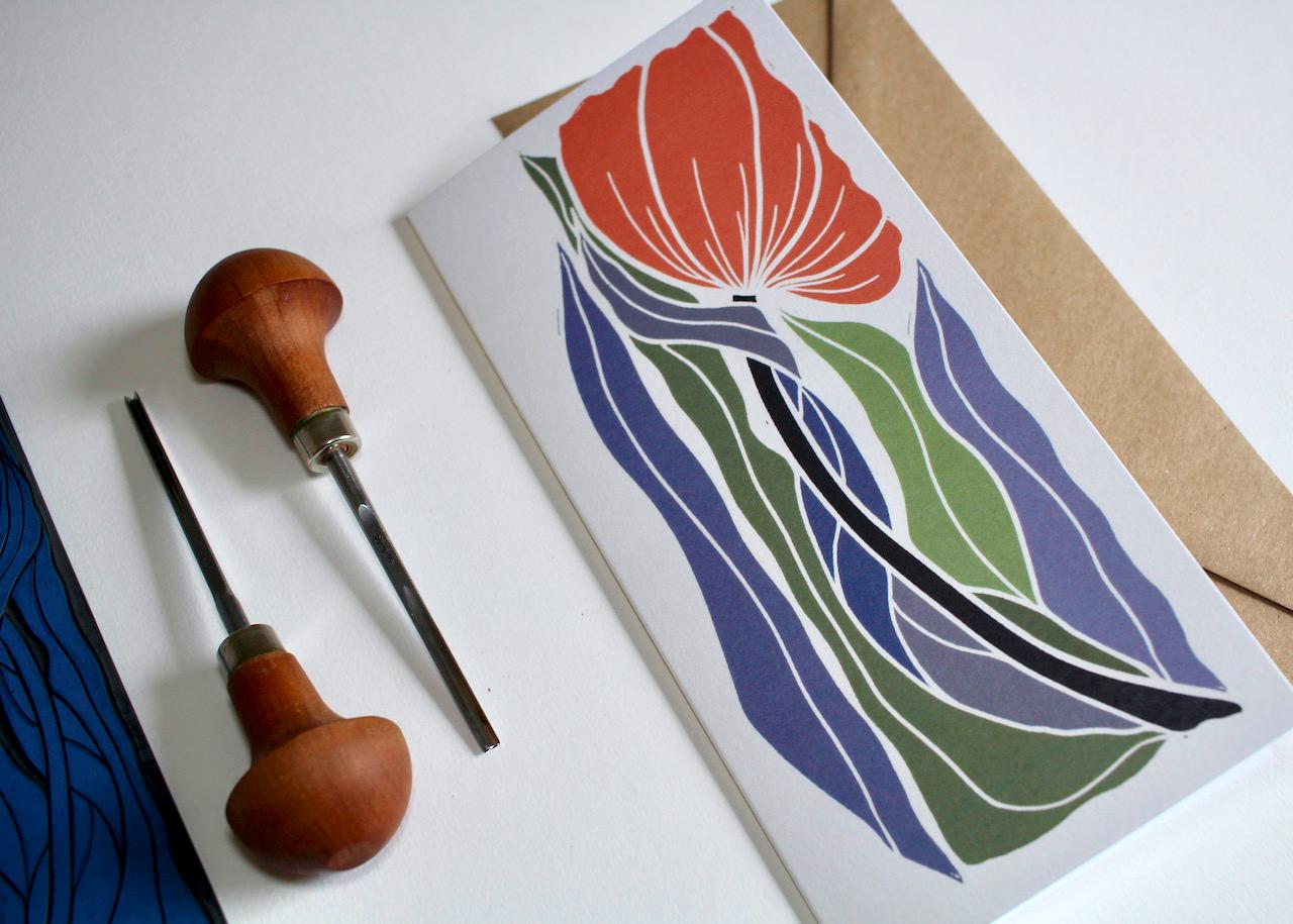 Modern linocut 'Graceful' floral greeting card / A tall DL portrait flower card -perfect to celebrate a birthday, anniversary or celebration