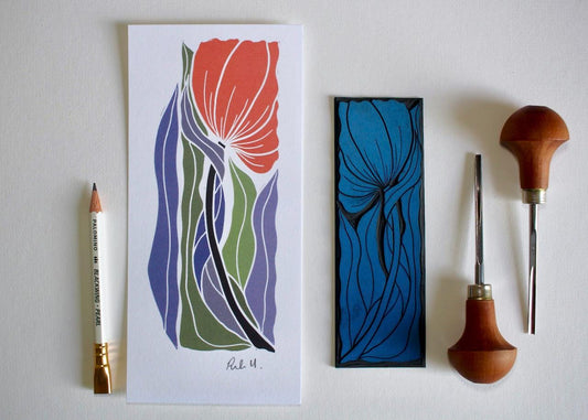 Modern linocut 'Graceful' floral print | Mini abstract flower print, Flower wall art, tall portrait print perfect for flower lovers