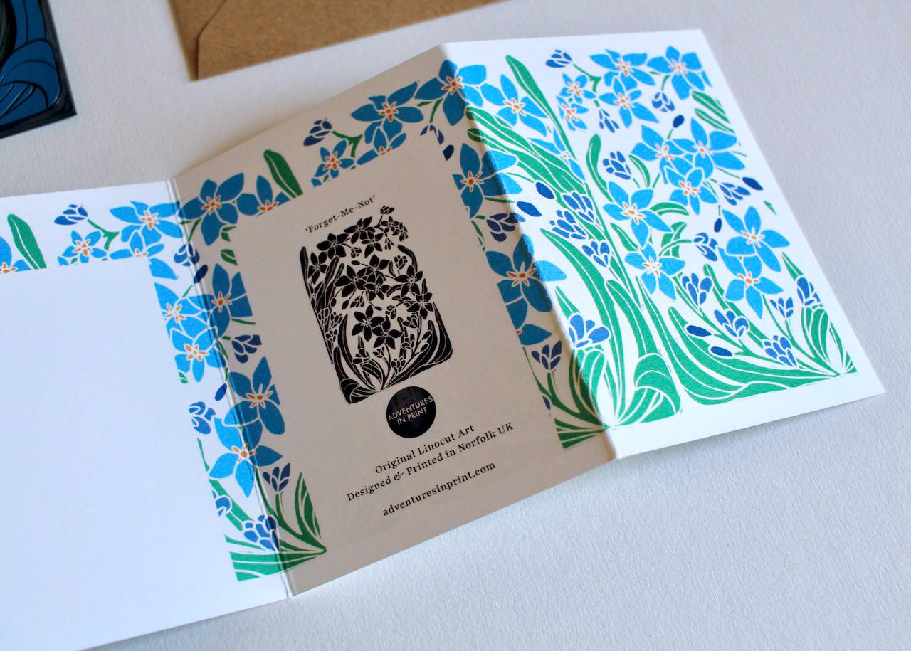 Linocut Forget-me-not flowers card - Single concertina card with envelope / Folded, zig zag greeting card / Myosotis, Scorpion Grass, Spring