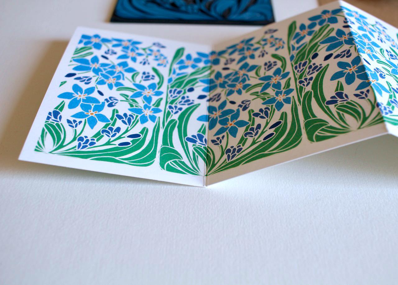 Linocut Forget-me-not flowers card - Single concertina card with envelope / Folded, zig zag greeting card / Myosotis, Scorpion Grass, Spring