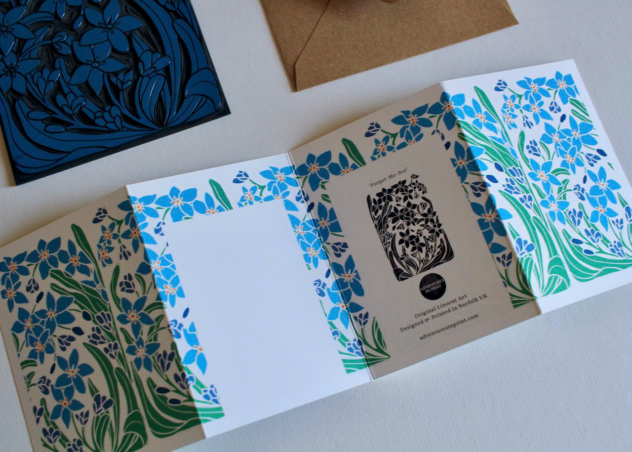 Linocut Forget-me-not flowers card - Single concertina card with envelope / Folded, zig zag greeting card / Myosotis, Scorpion Grass, Spring