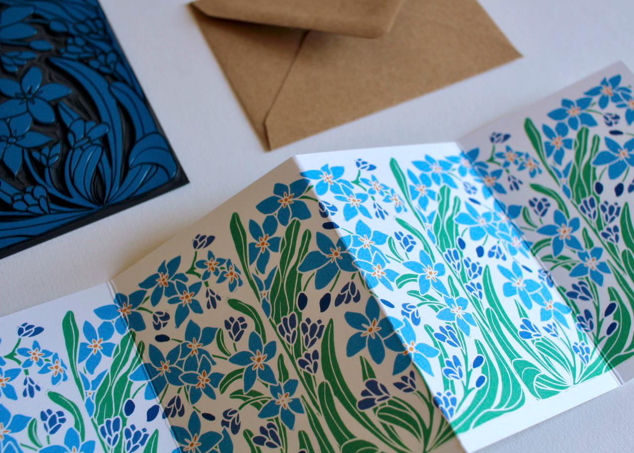 Linocut Forget-me-not flowers card - Single concertina card with envelope / Folded, zig zag greeting card / Myosotis, Scorpion Grass, Spring