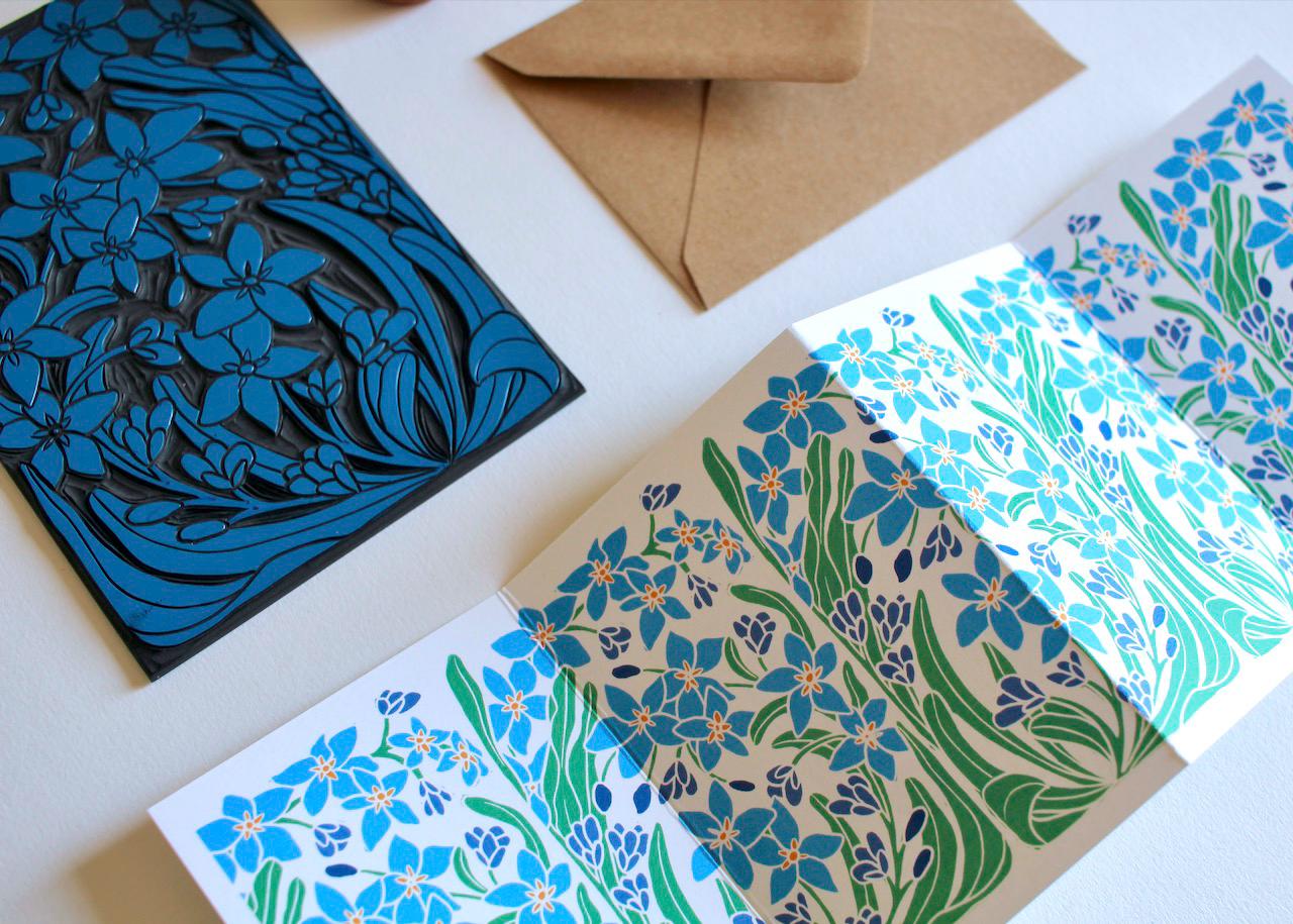 Linocut Forget-me-not flowers card - Single concertina card with envelope / Folded, zig zag greeting card / Myosotis, Scorpion Grass, Spring