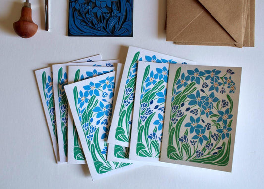 Forget-me-not Linocut Art Notecards - Set of 8 | Linocut Floral Note Cards / Thank You Cards / Correspondence Cards & Envelopes