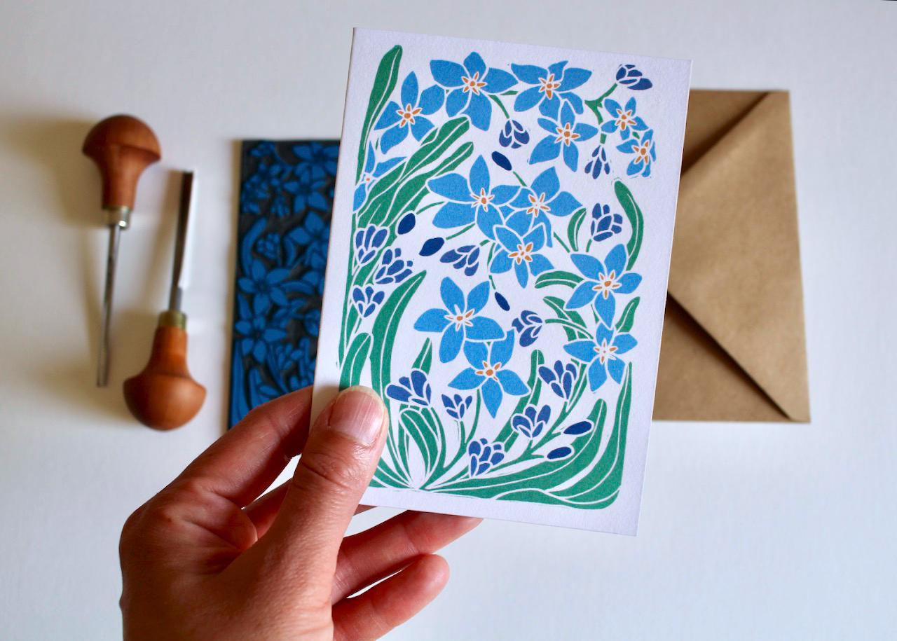 Linocut Forget-me-not flowers card - Single luxury greeting card with envelope / Blank floral card / Myosotis, Scorpion Grass, Spring flower