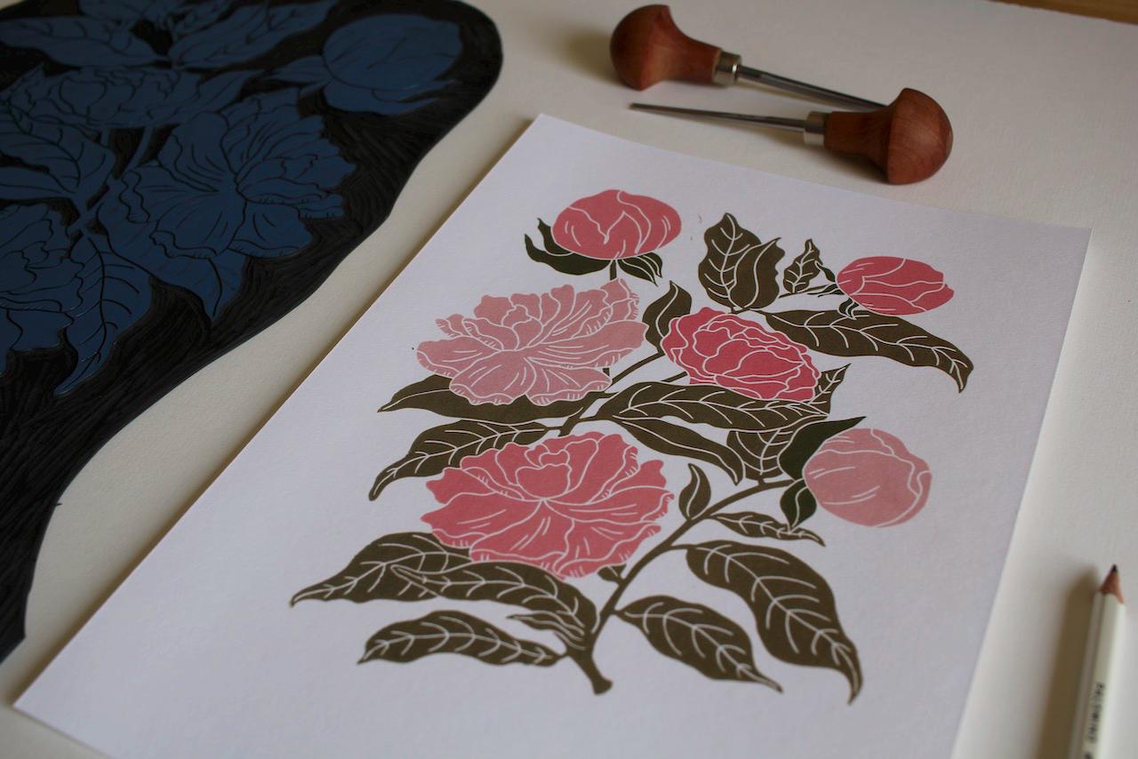 Peonies Linocut Art Print | Beautiful Peony flower bunch linocut artwork / A4 Wall Art Print on Cotton Paper / peony, paeony art print