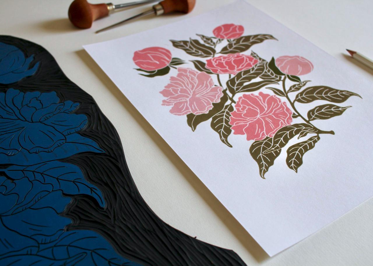 Peonies Linocut Art Print | Beautiful Peony flower bunch linocut artwork / A4 Wall Art Print on Cotton Paper / peony, paeony art print