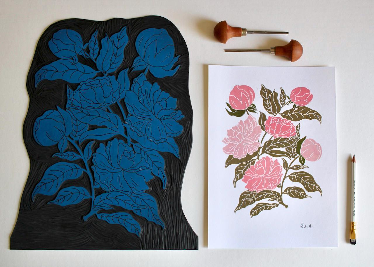 Peonies Linocut Art Print | Beautiful Peony flower bunch linocut artwork / A4 Wall Art Print on Cotton Paper / peony, paeony art print