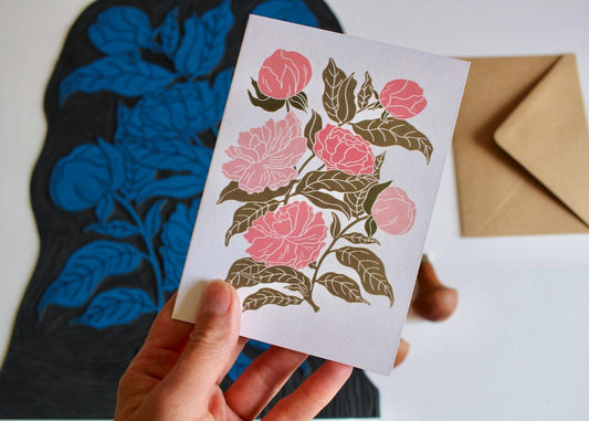 Peonies Linocut Art Print | Beautiful Peony flowers card / vintage romantic floral greeting card / peony, paeony | Single Card & Envelope