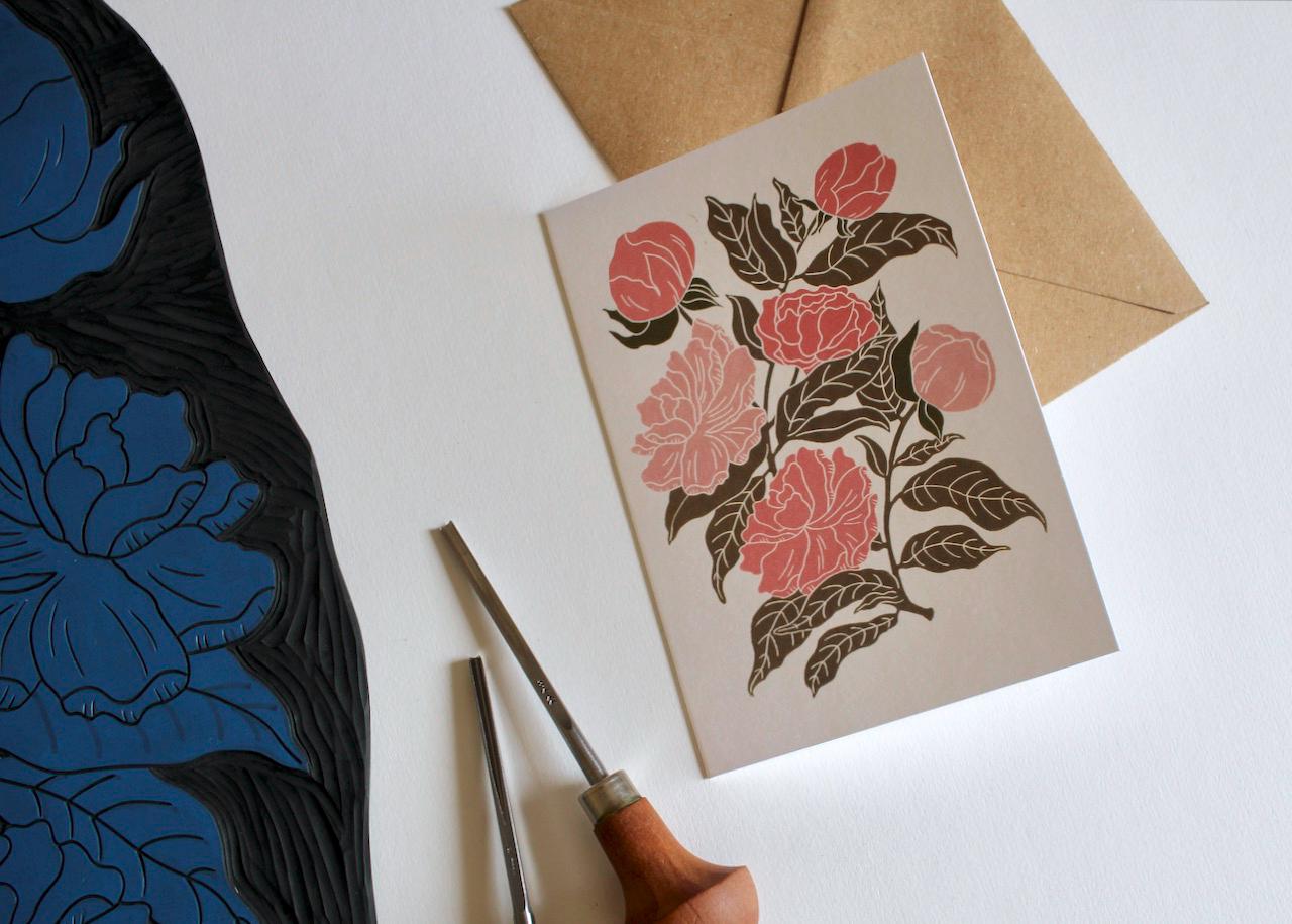 Peonies Linocut Art Print | Beautiful Peony flowers card / vintage romantic floral greeting card / peony, paeony | Single Card & Envelope