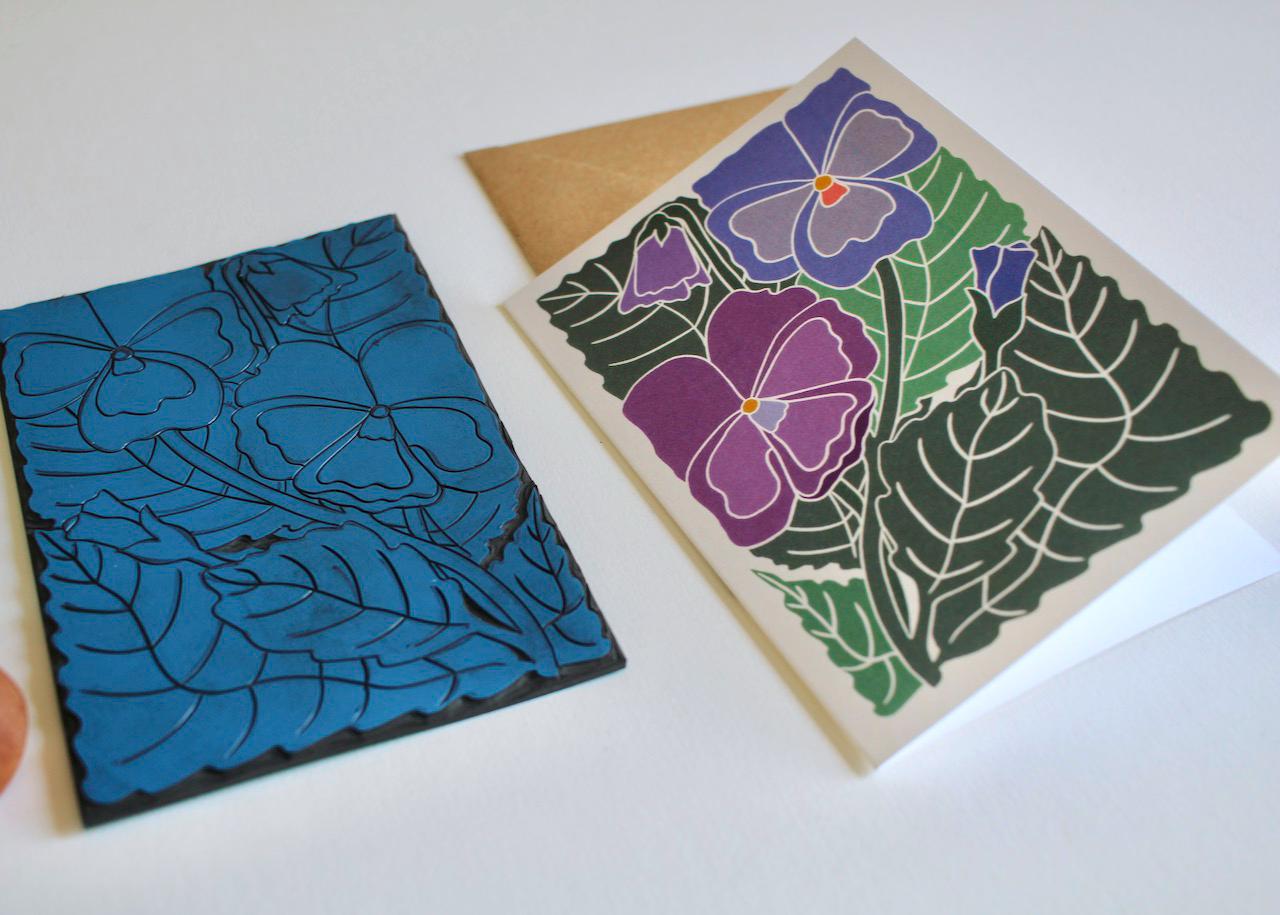 Pansies Linocut Greeting Card / Linocut Pansy Flower Art Card / Blank greeting card / Colourful floral design | Single Card & Envelope