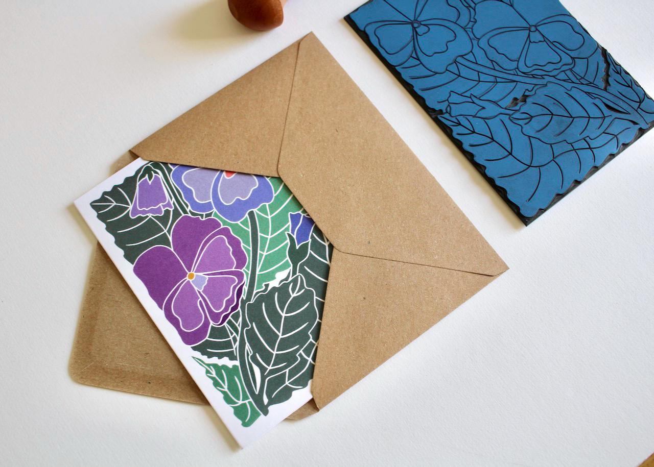 Pansies Linocut Greeting Card / Linocut Pansy Flower Art Card / Blank greeting card / Colourful floral design | Single Card & Envelope