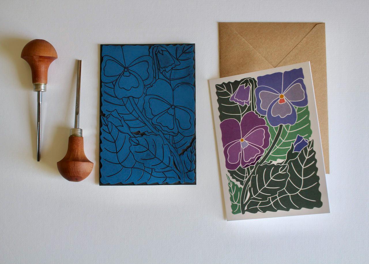 Pansies Linocut Greeting Card / Linocut Pansy Flower Art Card / Blank greeting card / Colourful floral design | Single Card & Envelope