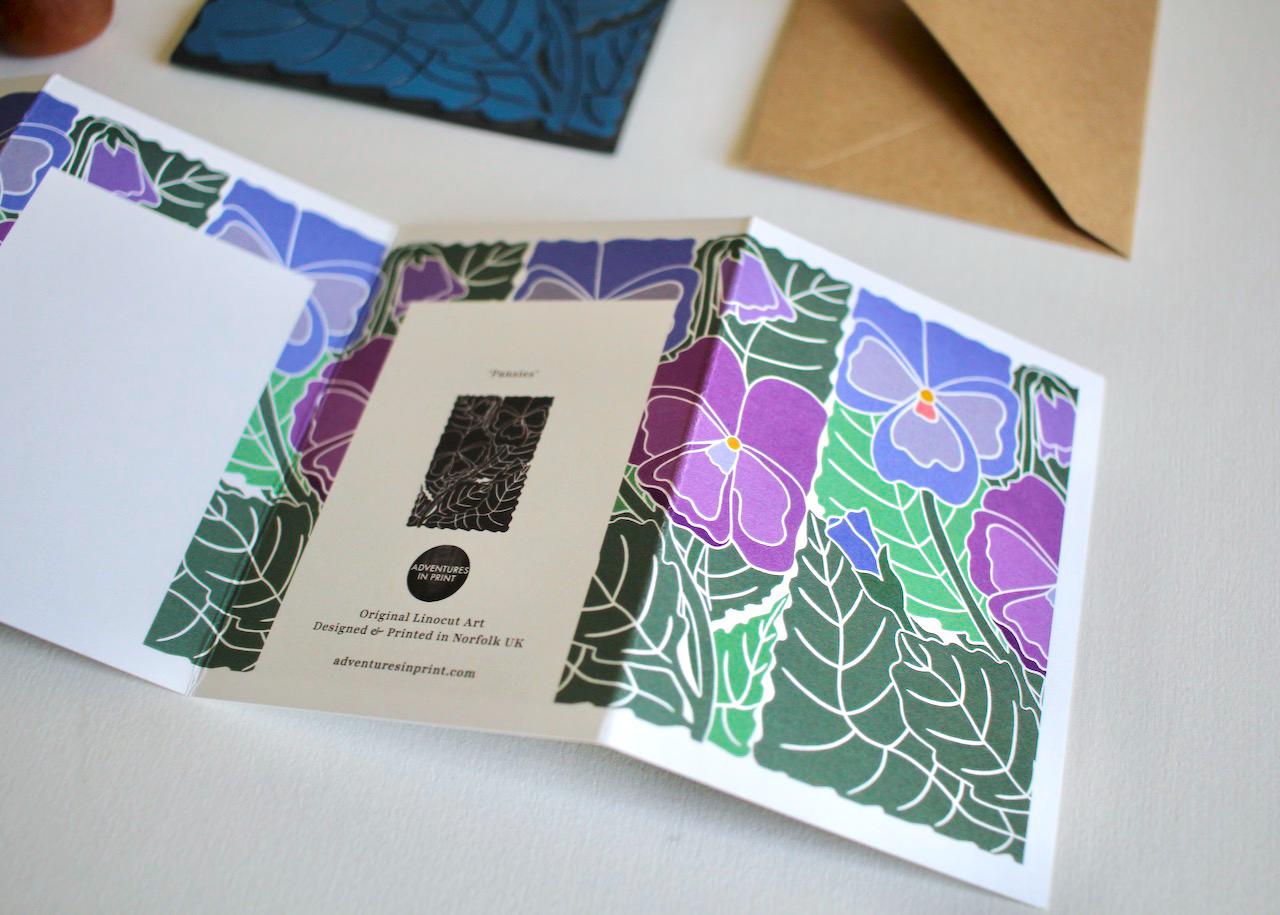 Linocut Pansies Flower Card - Single Concertina Card & Envelope / Lino print flowers card / Pansy flower for love, hope greeting card | A7