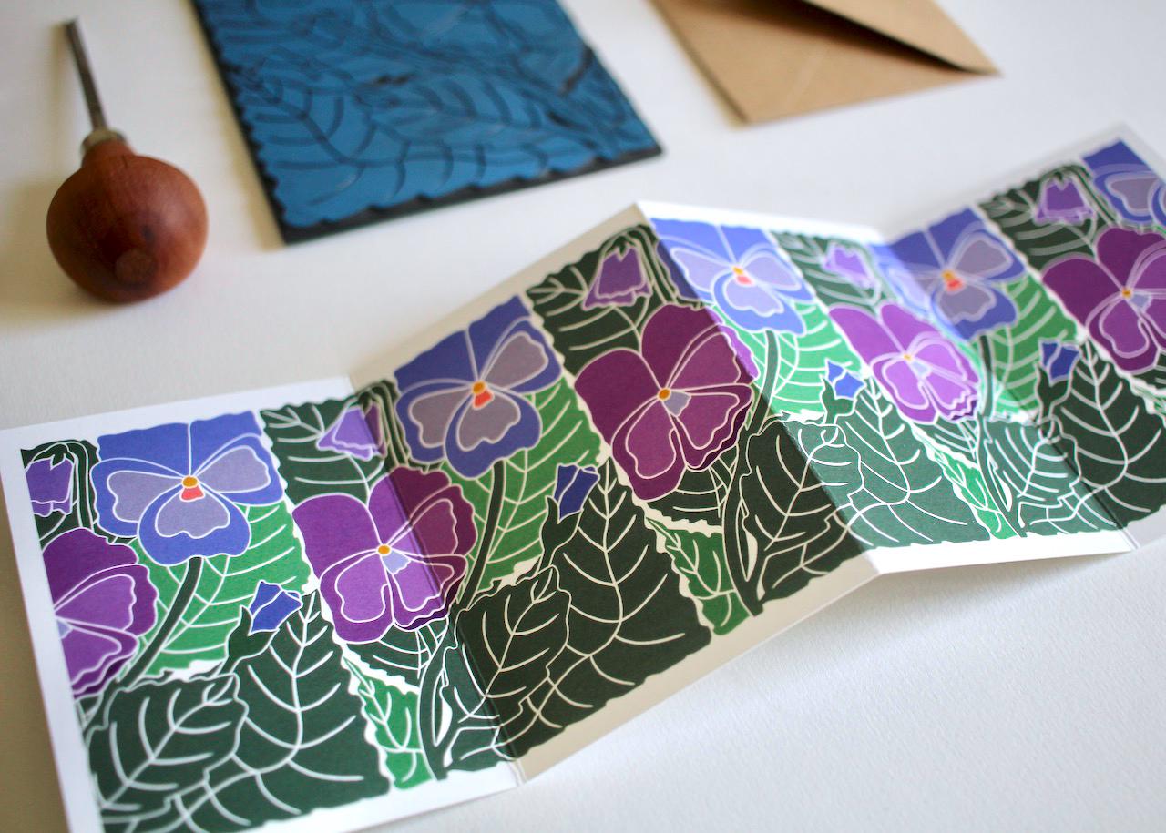 Linocut Pansies Flower Card - Single Concertina Card & Envelope / Lino print flowers card / Pansy flower for love, hope greeting card | A7