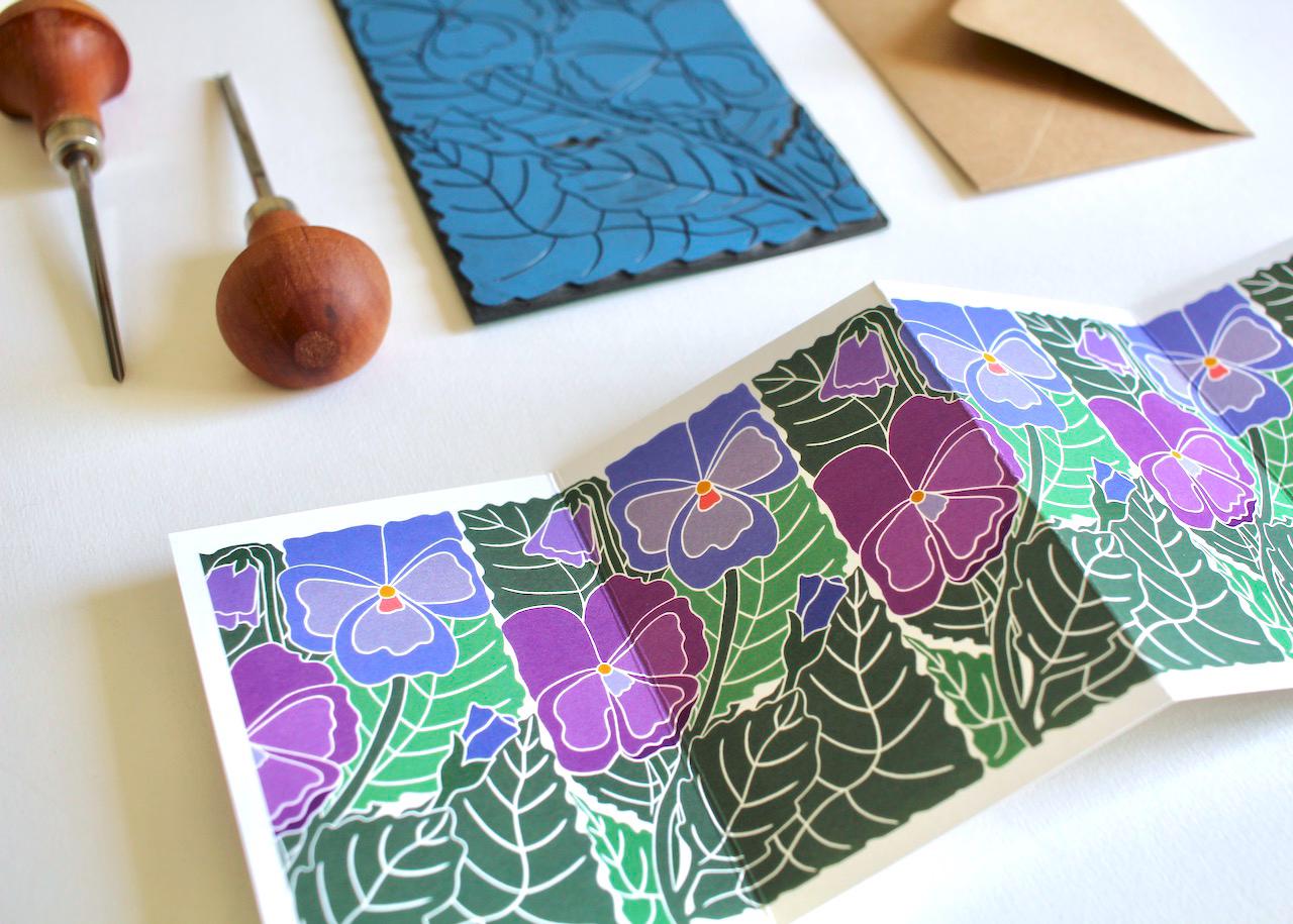 Linocut Pansies Flower Card - Single Concertina Card & Envelope / Lino print flowers card / Pansy flower for love, hope greeting card | A7