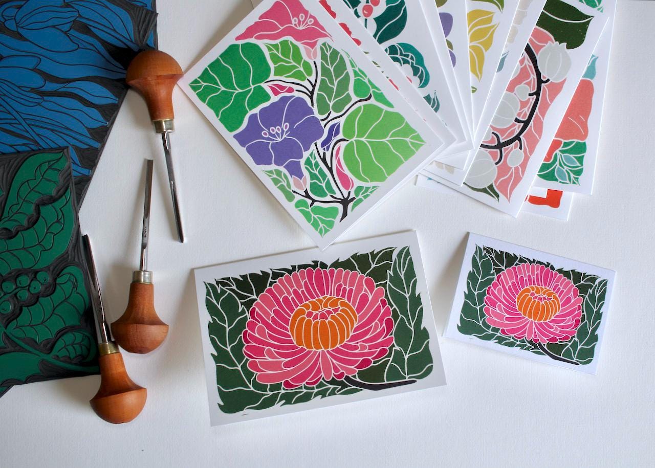 Birth Flower Linocut Note Cards - Set of 12 | Colourful Flowers by month / Standard A6 notelets / Blank correspondence cards & envelopes