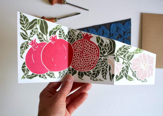 Festive Pomegranate Greeting Card - Single Concertina Card with Envelope / Winter festive fruit, Christmas, double-sided seasonal card