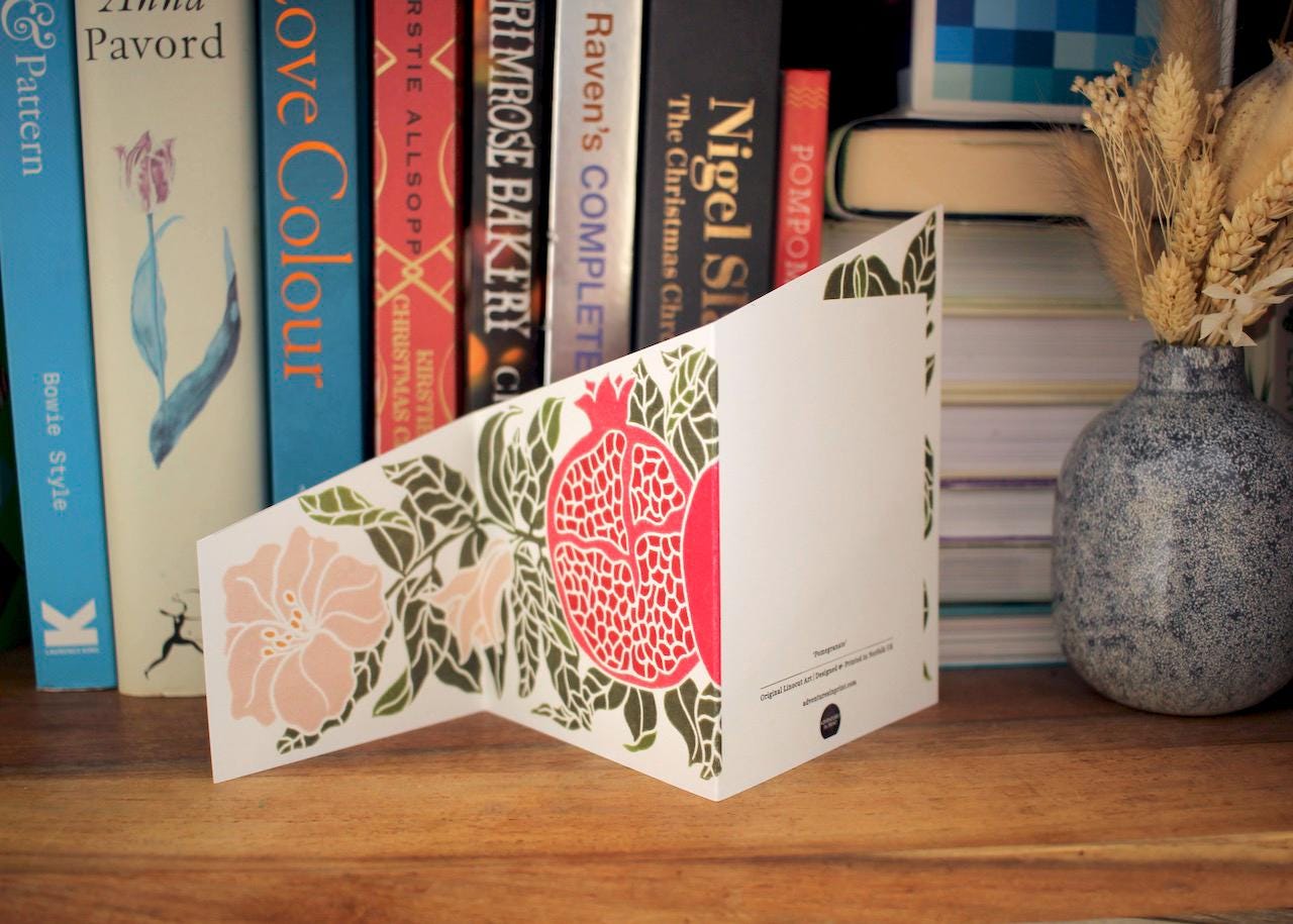 Festive Pomegranate Greeting Card - Single Concertina Card with Envelope / Winter festive fruit, Christmas, double-sided seasonal card