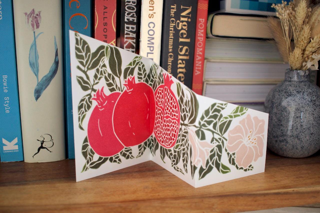 Festive Pomegranate Greeting Card - Single Concertina Card with Envelope / Winter festive fruit, Christmas, double-sided seasonal card