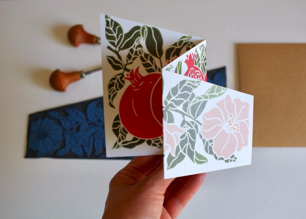 Festive Pomegranate Greeting Card - Single Concertina Card with Envelope / Winter festive fruit, Christmas, double-sided seasonal card