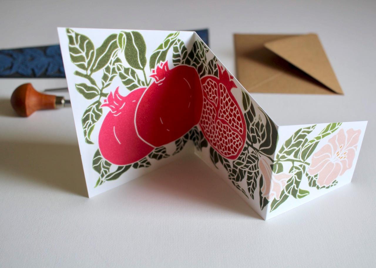 Festive Pomegranate Greeting Card - Single Concertina Card with Envelope / Winter festive fruit, Christmas, double-sided seasonal card