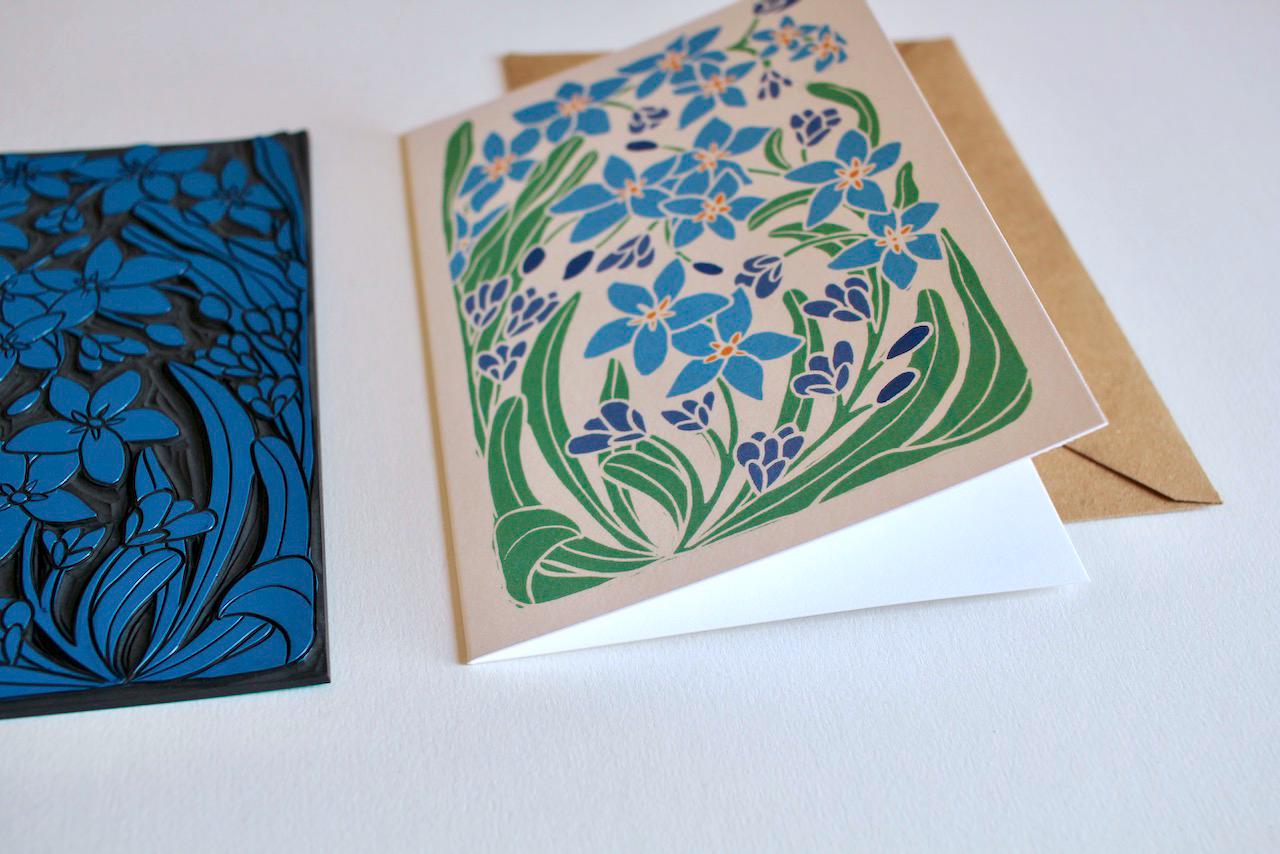 Linocut Forget-me-not flowers card - Single luxury greeting card with envelope / Blank floral card / Myosotis, Scorpion Grass, Spring flower