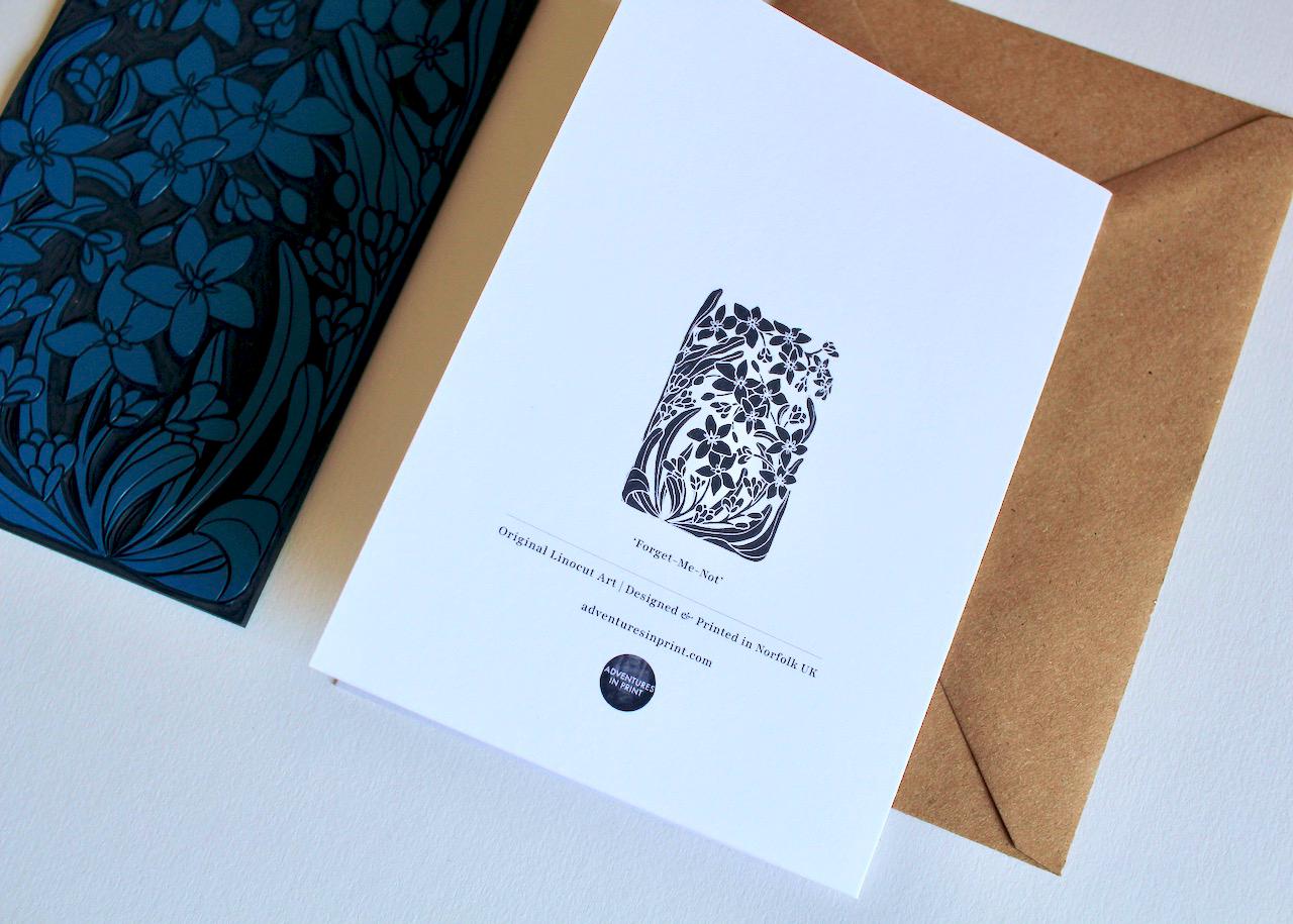 Linocut Forget-me-not flowers card - Single luxury greeting card with envelope / Blank floral card / Myosotis, Scorpion Grass, Spring flower