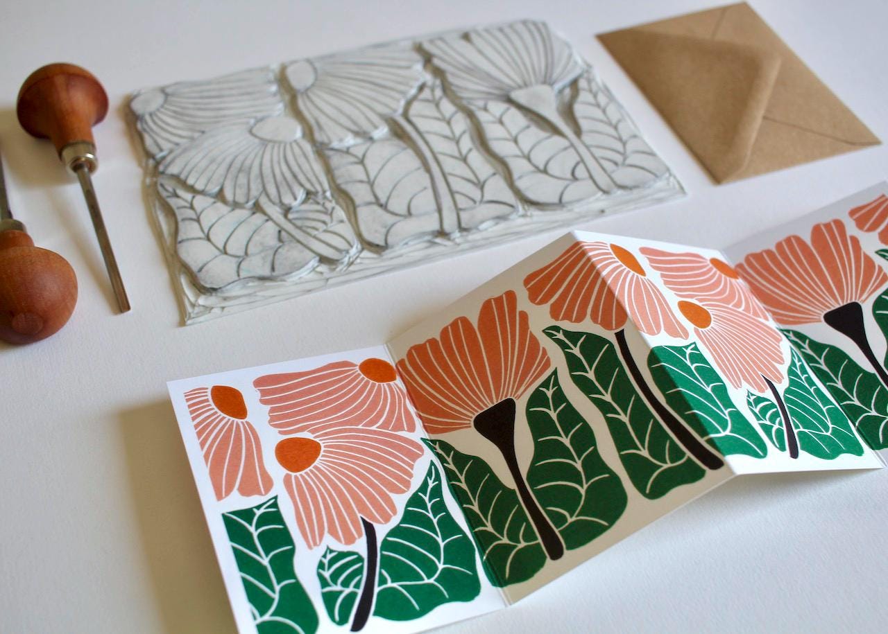 Modern Linocut Floral Greeting Card / A beautiful folded landscape flower card - perfect to celebrate a wedding, anniversary or birthday