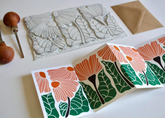 Modern Linocut Floral Greeting Card / A beautiful folded landscape flower card - perfect to celebrate a wedding, anniversary or birthday