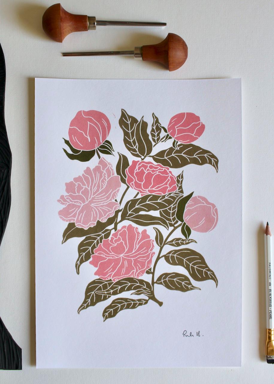 Peonies Linocut Art Print | Beautiful Peony flower bunch linocut artwork / A4 Wall Art Print on Cotton Paper / peony, paeony art print