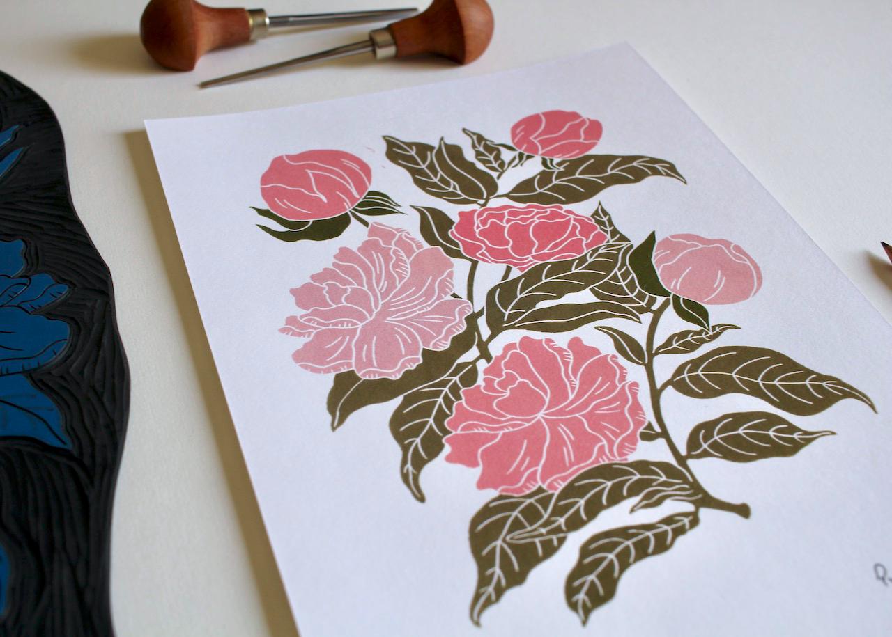 Peonies Linocut Art Print | Beautiful Peony flower bunch linocut artwork / A4 Wall Art Print on Cotton Paper / peony, paeony art print